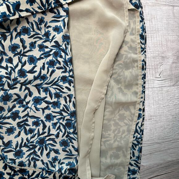 Ann Taylor LOFT Tan/Blue/Black Knee Length Floral Dress WMNS M Ruffle Tie Neck - Picture 9 of 12